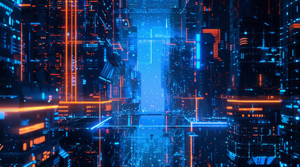 Canvas Print - A digital city at night with neon blue and orange lines forming the silhouettes of buildings and streets. The glowing colors illuminate the dark background, giving the city a cyberpunk feel.