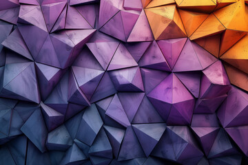 Poster - Abstract composition of purple and yellow triangular and cubic shapes, creating a dynamic and colorful pattern,