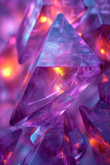 Poster - A surreal image of interwoven purple and yellow triangles and cubes, forming an abstract geometric design,