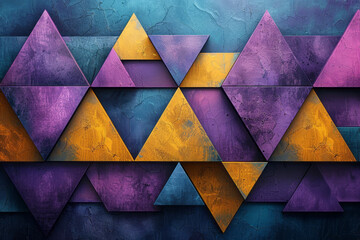 Poster - Minimalist abstract design featuring purple and yellow triangles and cubes arranged in a complex pattern,