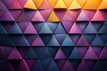 Poster - Dynamic composition of purple and yellow triangular and cubic shapes, creating a visually striking geometric pattern,