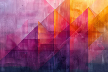 Poster - Smooth integration of purple and yellow triangles and cubes in an abstract geometric design,