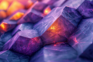 Poster - smooth integration of purple and yellow triangles and cubes in an abstract geometric design,