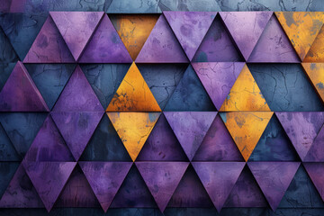 Poster - Minimalist design with purple and yellow triangular and cubic shapes, creating a unique geometric pattern,