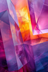 Poster - surreal image of purple and yellow triangles and cubes blending into an abstract geometric design,