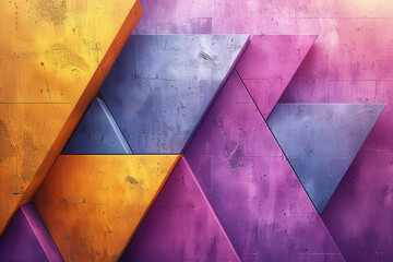 Poster - Minimalist abstract design with purple and yellow triangles and cubes forming an intricate geometric pattern on a contrasting background,
