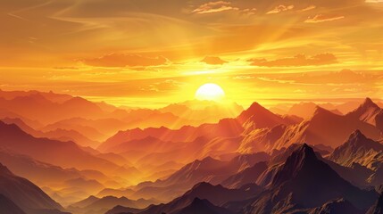Wall Mural - Golden Sunset Over Mountain Range.