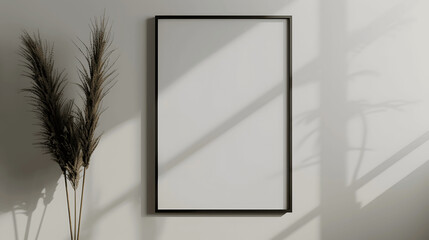 Wall Mural - Black frame mockup with blank canvas on a light grey wall, minimalist decor, iso A paper size, framed wall poster template, front perspective