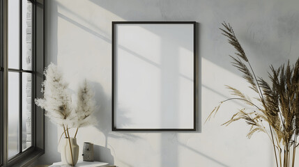 Wall Mural - Black frame mockup with blank canvas on a light grey wall, minimalist chic, iso A paper size, framed wall poster template, front perspective