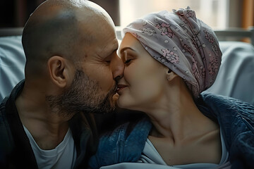 Poster - Supportive husband kissing his wife, cancer patient, after treatment in hospital. Cancer and family support concept.