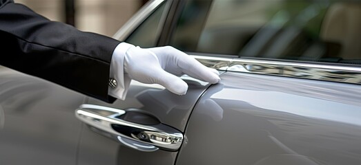 A chauffeur in a black suit and white gloves opens the door of a black sedan on a sunny day