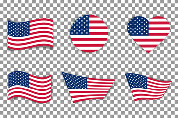 Wall Mural - USA flag icons vector set. United States of America flat badges .Flag of usa vector flat symbol collection .USA flag labels set. Set of American flag icons isolated on transparent background.
