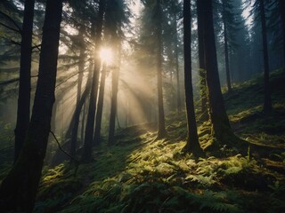 Enchanting dawn in the mystical Carpathian forest