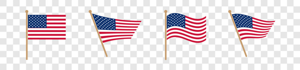 Wall Mural - USA flag icons vector set. United States of America flat badges .Flag of usa vector flat symbol collection .USA flag labels set. Set of American flag icons isolated on transparent background.