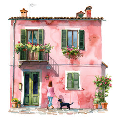 A pastel pink building with green shutters and vibrant flowers, woman walking dog, watercolor, minimalistic Marjolein Bastiaan style