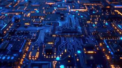 Abstract blue circuit board background with glowing lines and patterns, technology concept for digital chip design or data transfer in information technology