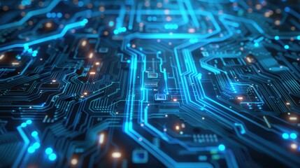 Abstract blue circuit board background with glowing lines and patterns, technology concept for digital chip design or data transfer in information technology
