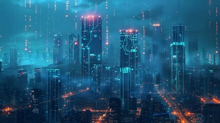 Futuristic Smart Cyber City illustration: Innovative Urban Landscape in Digital Circuitry, futuristic technology concept, Graphic Resources, Wallpapers, Brochure, Websites, banner design, Advertising,