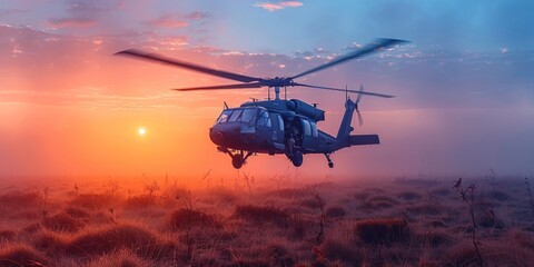 Poster - Black Hawk Helicopter Soaring Through a Misty Sunrise