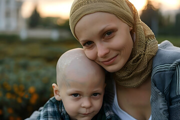 Wall Mural - Young mother with little son with cancer without hair outdoors