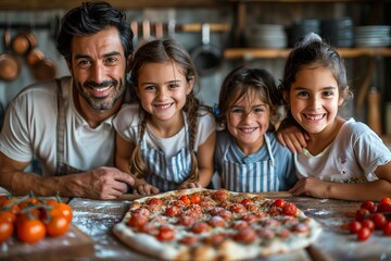 Wall Mural - Happy Family Posing With Freshly Made Pizza in Kitchen