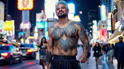 Canvas Print - Man with tattoos walking on a city street at night