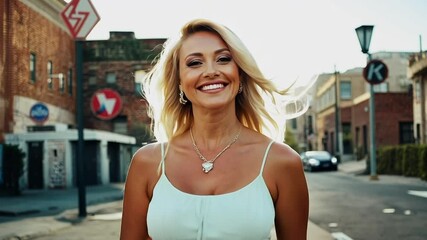 Wall Mural - Mature woman smiling on a city street