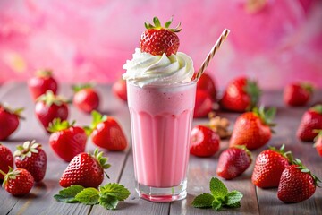 Wall Mural - Refreshing strawberry milkshake with whipped cream and a straw on the table surrounded by fresh strawberries.