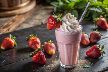 Wall Mural - Refreshing strawberry milkshake with whipped cream and a straw on the table surrounded by fresh strawberries.