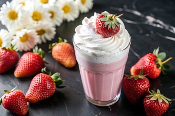 Wall Mural - Refreshing strawberry milkshake with whipped cream and a straw on the table surrounded by fresh strawberries.