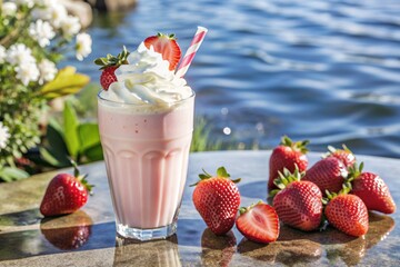 Wall Mural - Refreshing strawberry milkshake with whipped cream and a straw on the table surrounded by fresh strawberries.