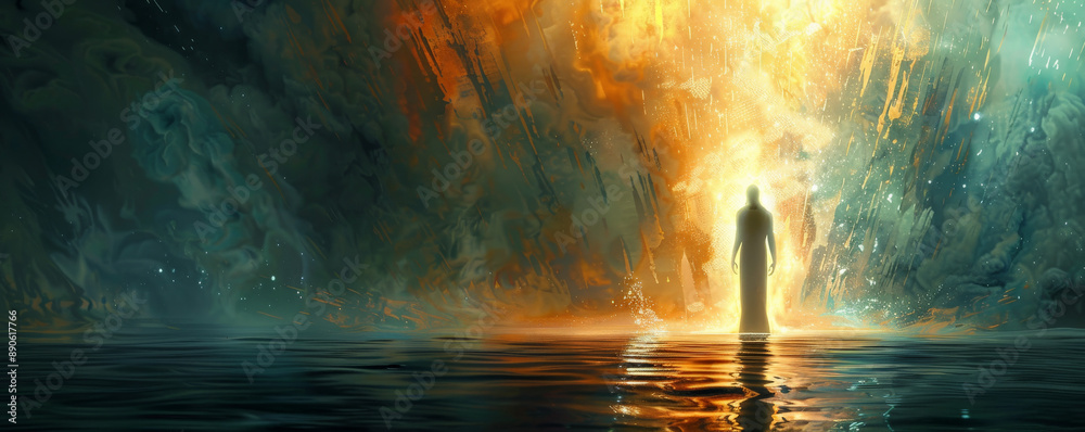 Abstract representation of the Baptism of Jesus, with a glowing figure ...