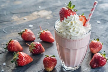 Wall Mural - Refreshing strawberry milkshake with whipped cream and a straw on the table surrounded by fresh strawberries.