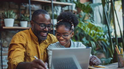 a father helping his cheerful teenage daughter with homework at home, both smiling and working toget