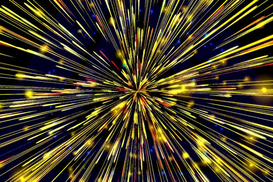 A digital abstract art piece featuring a dark background with numerous yellow and red light streaks radiating outwards
