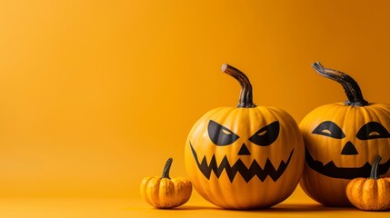 2 evil pumpkins with painted faces on a yellow copy space background