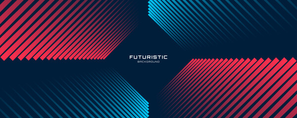 Poster - 3D blue red techno abstract background on dark space with glowing lines decoration. Modern banner with stripes style. Graphic design element rhombus concept for web, flyer, card, or brochure cover