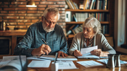 An elderly couple sitting at a table reviewing their retirement finances, bills, and documents spread out