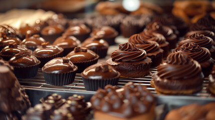 Chocolate pastry cakes and cookies in bakery. Sweet delicious dark cocoa cream food, tasty brown or black snack, yummy candy treat