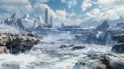 Wall Mural - A vast, icy landscape with an advanced research station in the background.