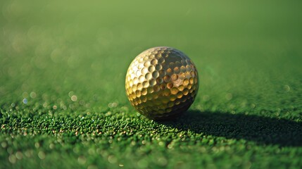 Wall Mural - A golden golf ball lies on a verdant field, beautifully highlighted by the blurred bokeh background, evoking luxury and precision. Perfect for sports and luxury themes.