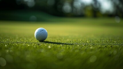 Wall Mural - a close-up image showing a single golf ball resting on a beautifully manicured green course, bathed 