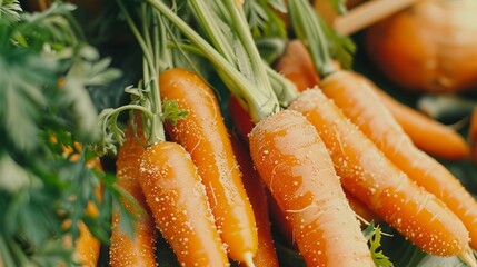 Wall Mural - This image features a bunch of freshly harvested carrots with water droplets, showcasing their vibrant orange color and freshness, with green leaves still attached, symbolizing nature's bounty.