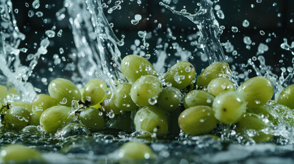 Cinematic style high-speed shot of green grapes hitting water