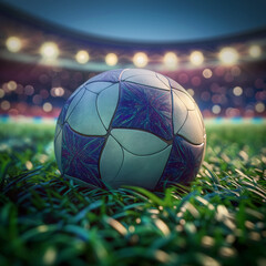 Generative AI illustration of a modern soccer ball lying on lush green grass in a stadium at night, showcasing the vibrant colors and textures under stadium lighting