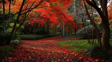 A tranquil forest scene with a pathway covered in vibrant red autumn leaves, showcasing the natural beauty and serene atmosphere of the season.