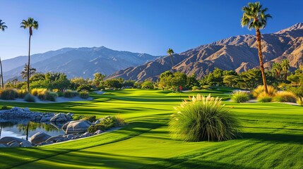 Wall Mural - A vibrant sunny golf course with neatly trimmed grass, surrounded by tall palm trees and majestic mountains in the background, showcasing a serene and picturesque landscape.