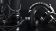 © alfi - Sleek black studio microphone and headphones on dark background for sound engineering banner