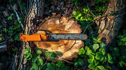 A chainsaw rests on a cut tree trunk in the woods