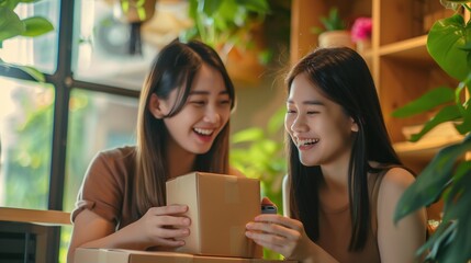 Two Women Open a Package Together in a Cafe